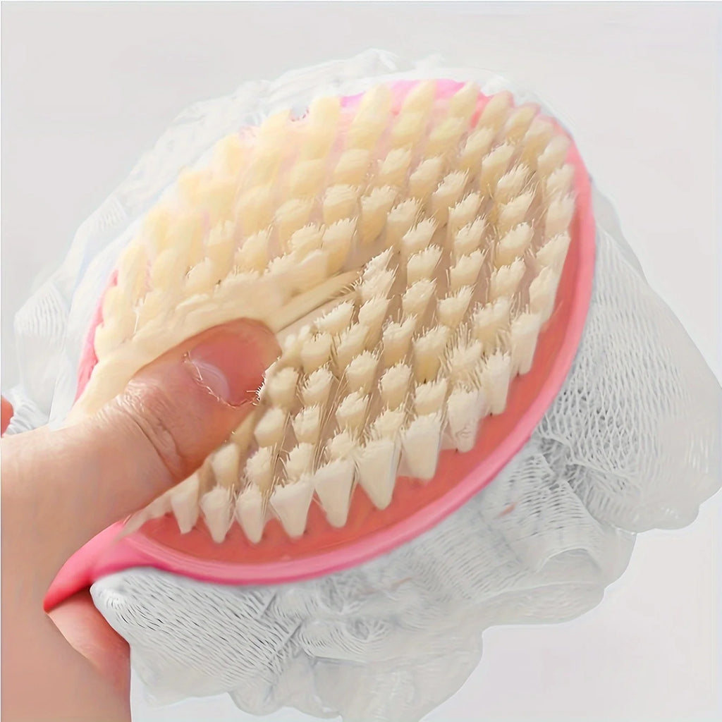 Soft Loofah & Bristles Bath Body Brush — Long Handle Shower Brush for Body, Face & Spa Washing