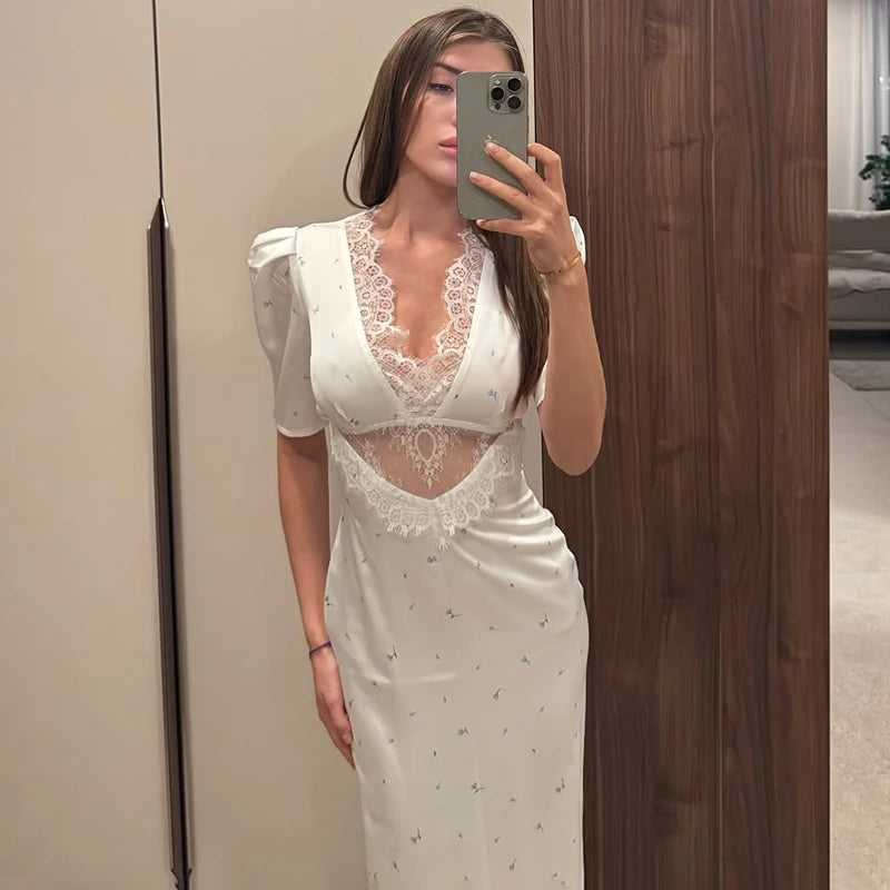 TARUXY Sexy Hollow Lace Dress – Short Sleeve Elegant High Waist Slim Print Summer Party Club Dress