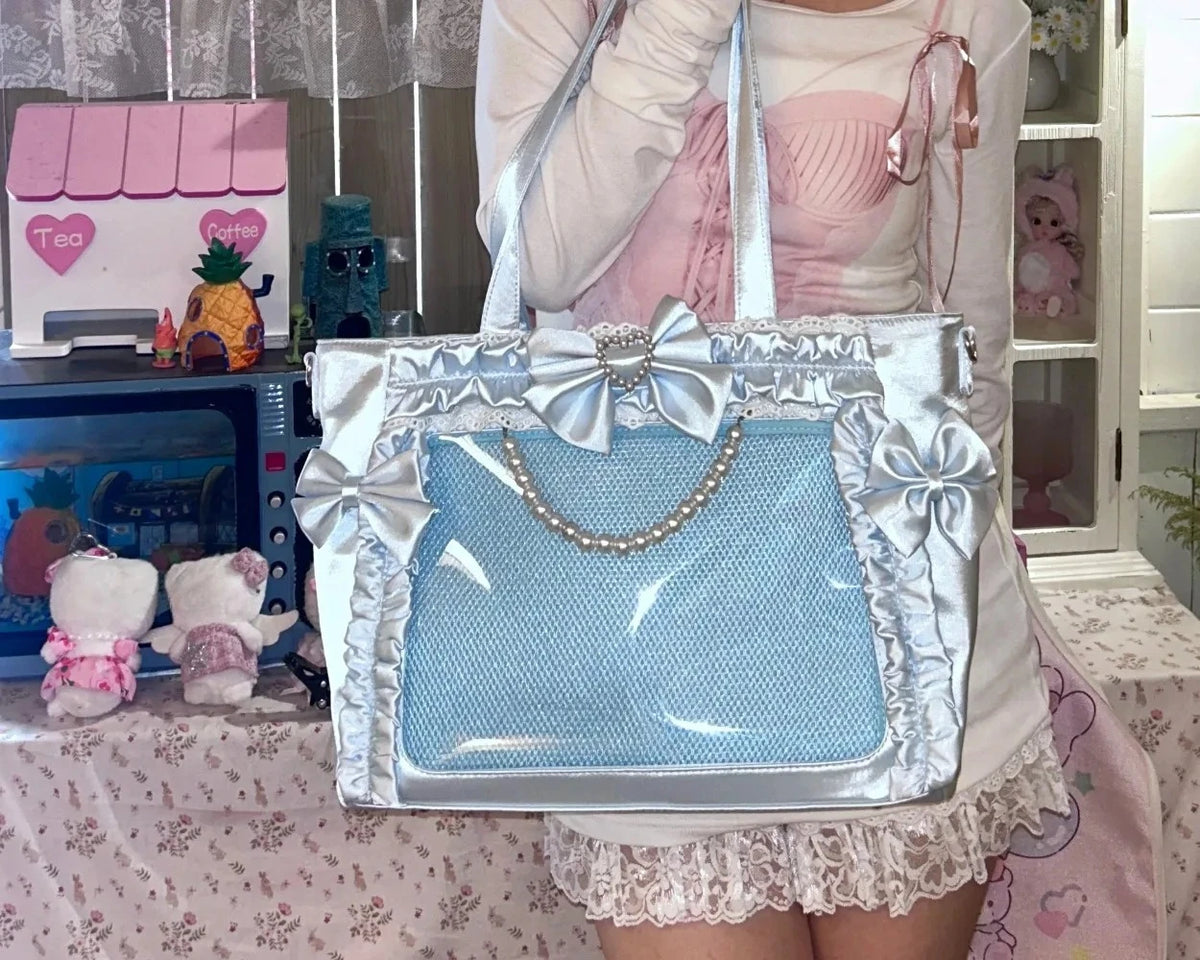 miyagawa Satin Pearl Bow Ita Bag Square Tote – Japanese Sweet High Capacity Shoulder Bag for Women
