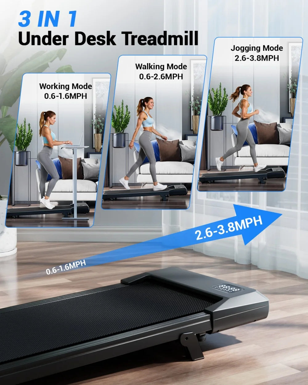Under Desk Treadmill Walking Pad — 2.5HP, 300 lb Capacity, Bluetooth App, LED Display