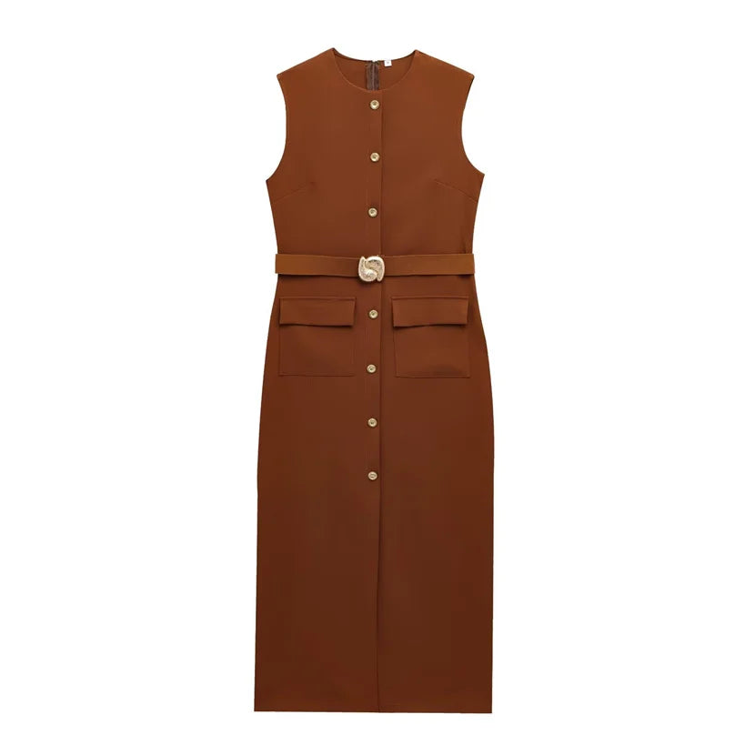 Button-Up Sleeveless Sundress — Slim A-Line Midi Casual Elegant Dress