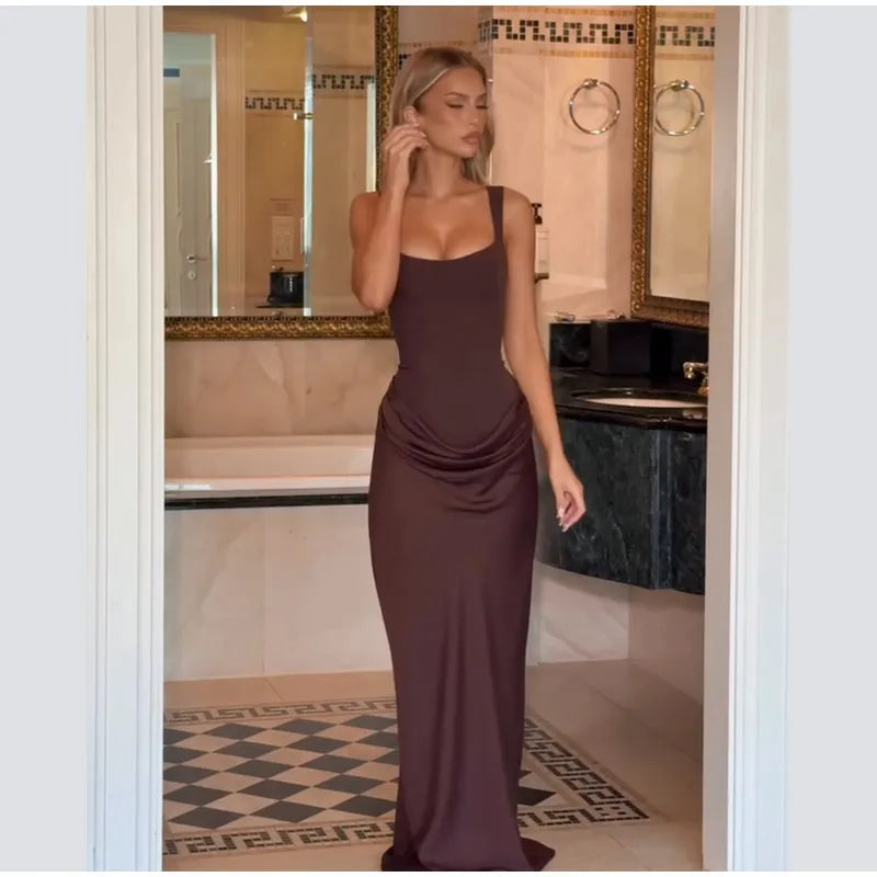 Brown Square-Neck Pleated Mini Dress — Sleeveless Backless Bodycon Club Dress