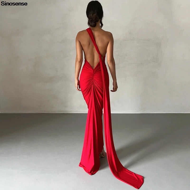 Backless Ruched Slim Bodycon Maxi Dress — Elegant Formal Wedding Guest Evening Dress