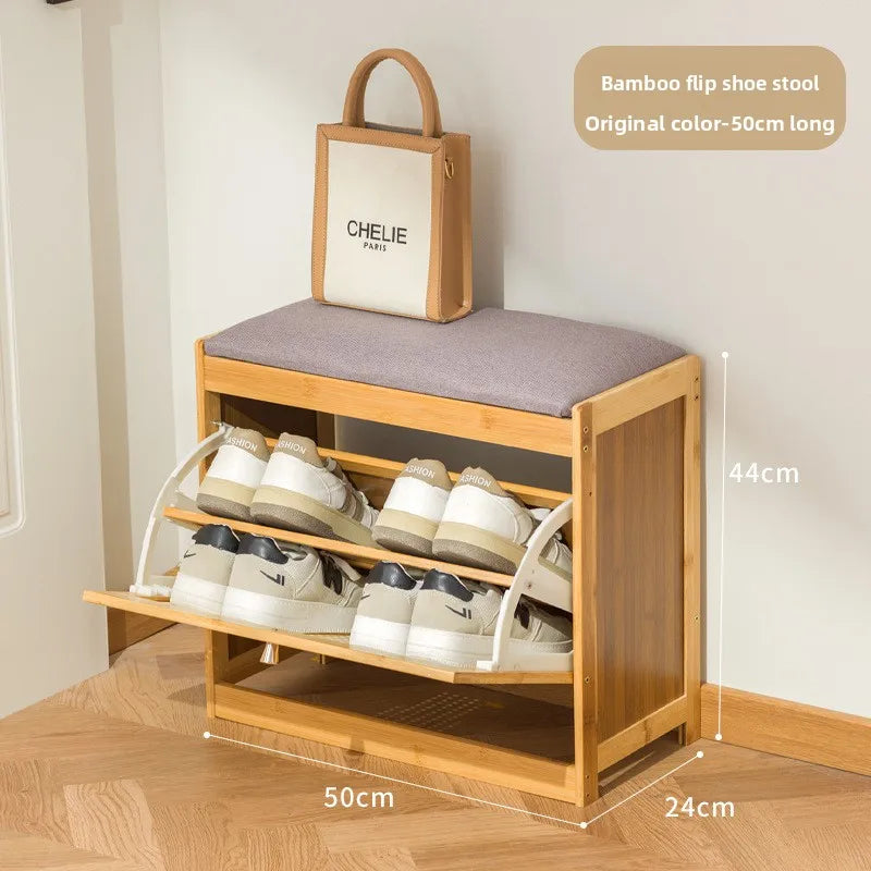Bamboo & Wood Cushioned Shoe Stool — Entryway Bench