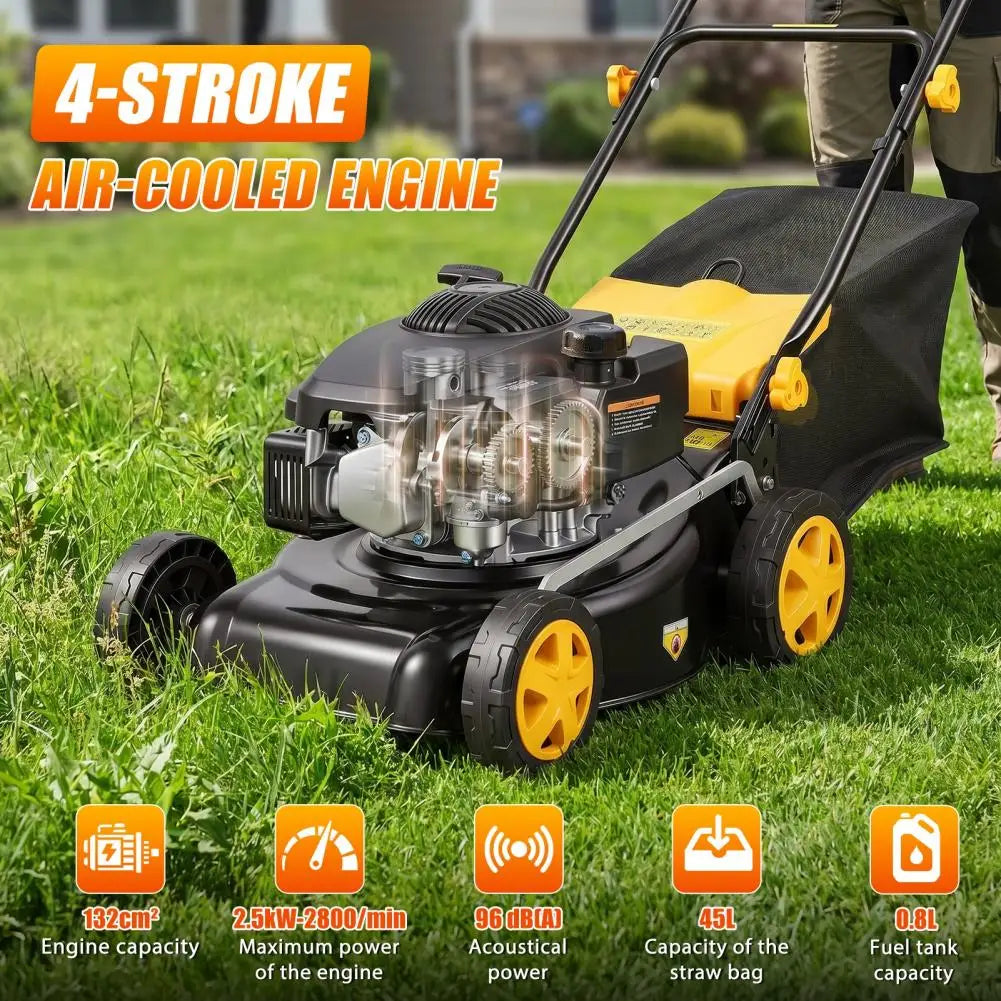 16-Inch Gas Lawn Mower | 4-Stroke Air-Cooled Engine, 3-in-1 Self-Propelled, 45L Grass Tank, 8-Position Height Adjustment