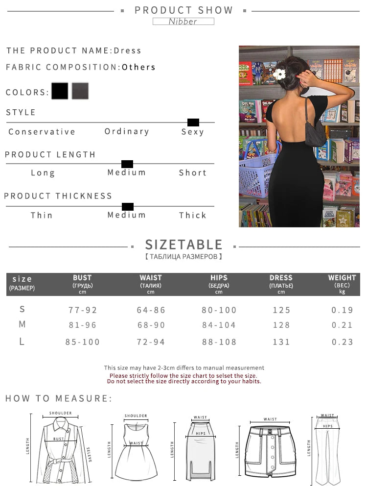 Nibber Solid Backless Bodycon Maxi Dress – Elegant Slim Short Sleeve Long Dress