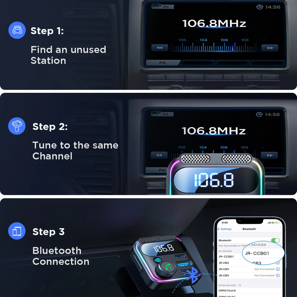 JOYROOM Bluetooth 5.3 FM Transmitter Car Charger — 48W
