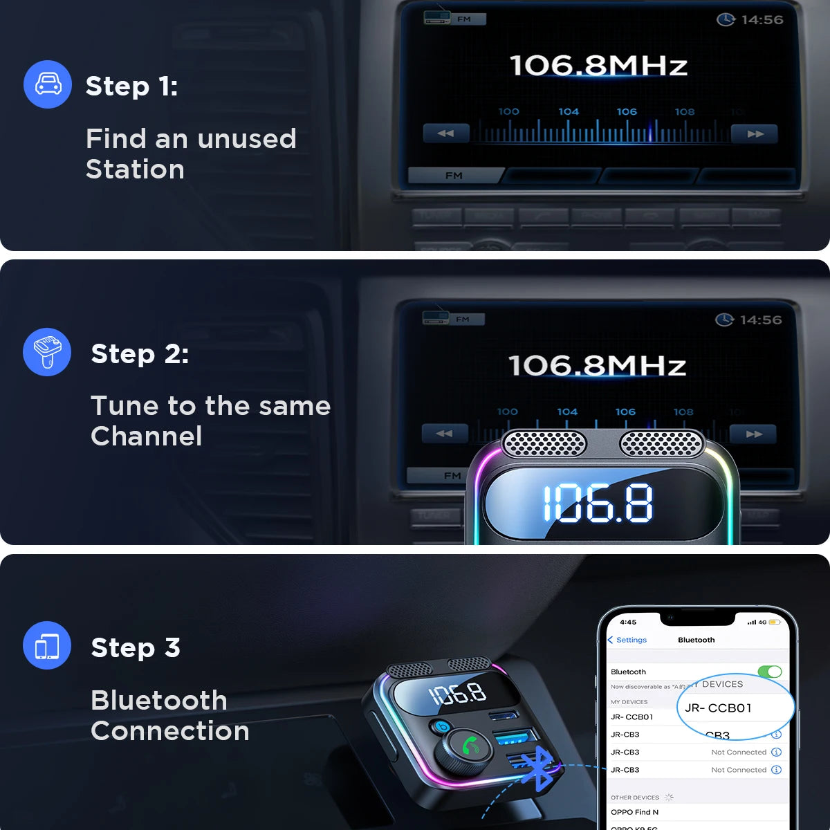 JOYROOM Bluetooth 5.3 FM Transmitter Car Charger — 48W