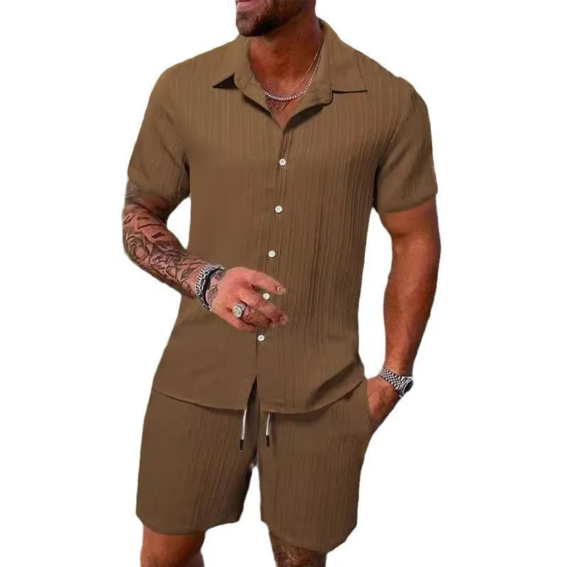 Men's Striped Polo Cardigan & Drawstring Shorts Sports Suit – Solid Color 2-Piece