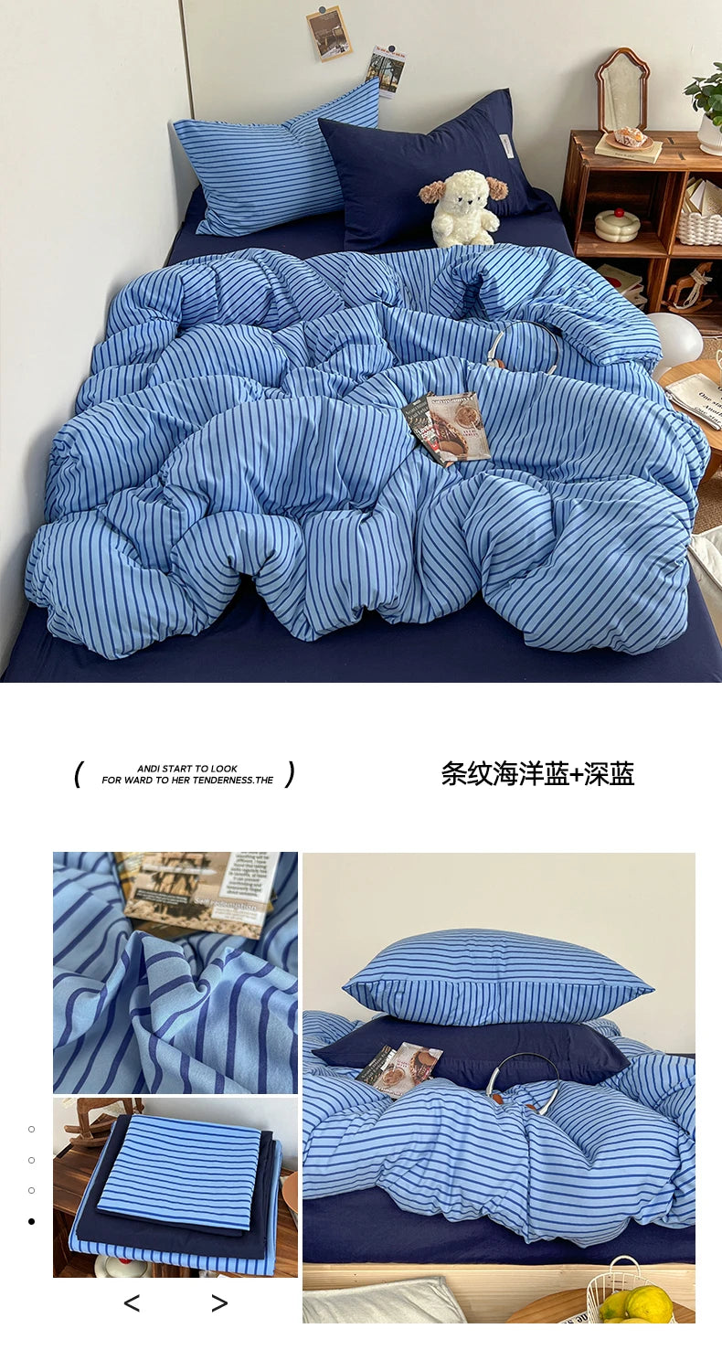 Stripe Print Washed Polyester Bedding Set – 3 or 4-Piece Duvet Cover with Sheet & Pillowcases, 6 Colors