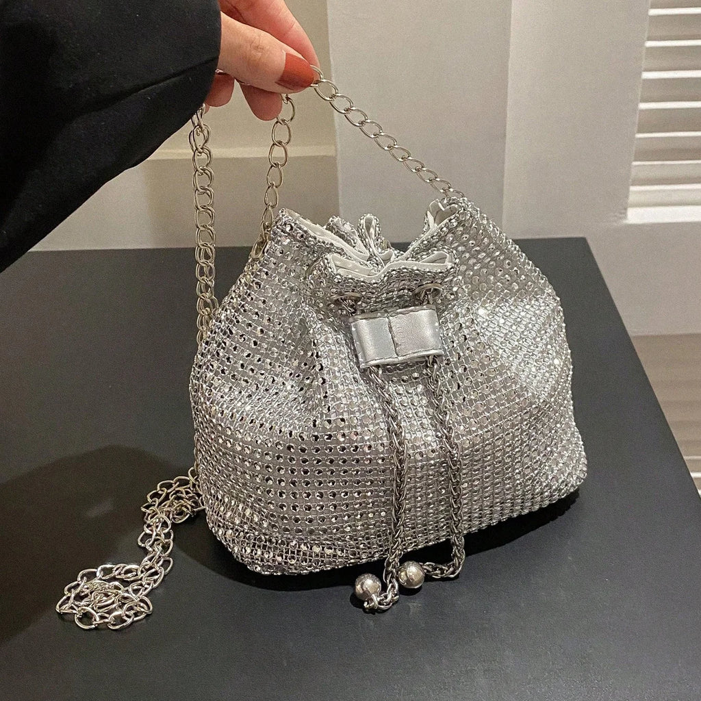 Rhinestone Drawstring Crossbody Bucket Bag – Formal Handbag for Women