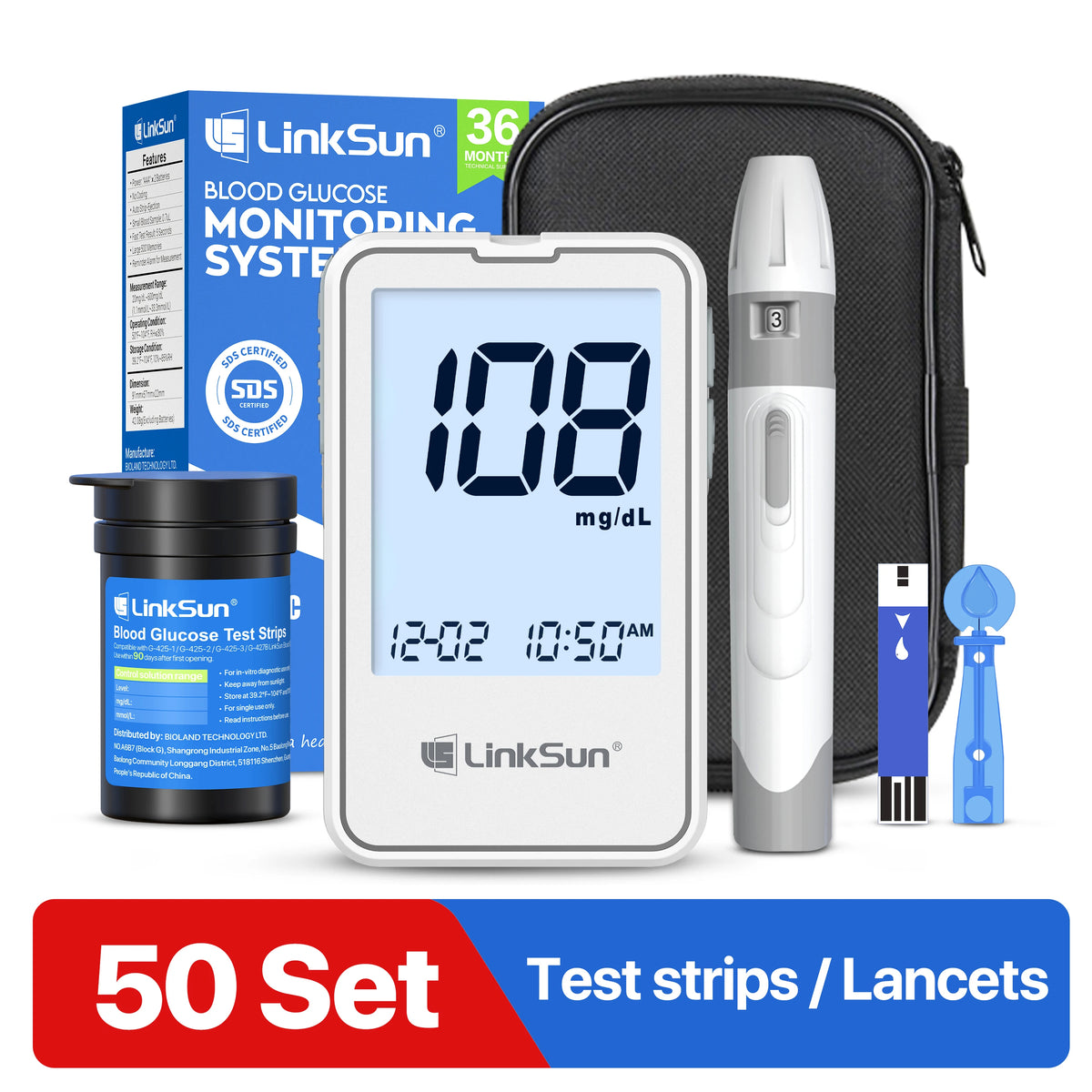 LinkSun G-425-2 Blood Glucose Meter Complete Kit – No Coding Glucometer with Test Strips & Lancets for Diabetes Monitoring