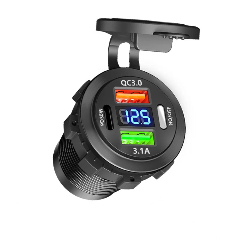 Car USB Charger with Voltmeter – PD3.0 & QC3.0 Fast Charging Socket for Motorcycle, Boat & Auto (12/24V)