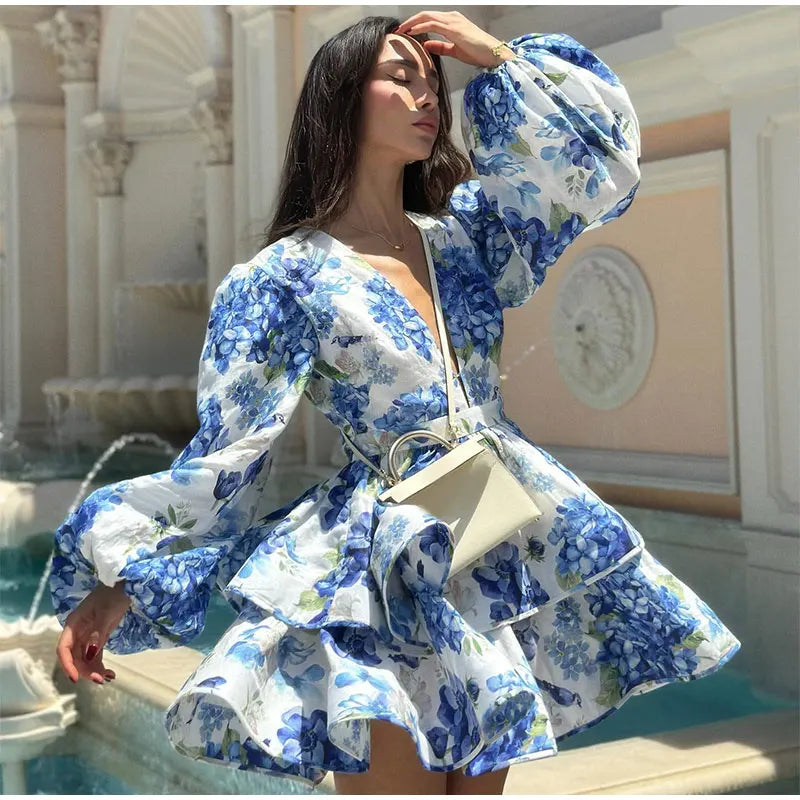 Tie-Dye 3D Flower Mini Dress — Deep V-Neck Flare Sleeve Holiday Dress
