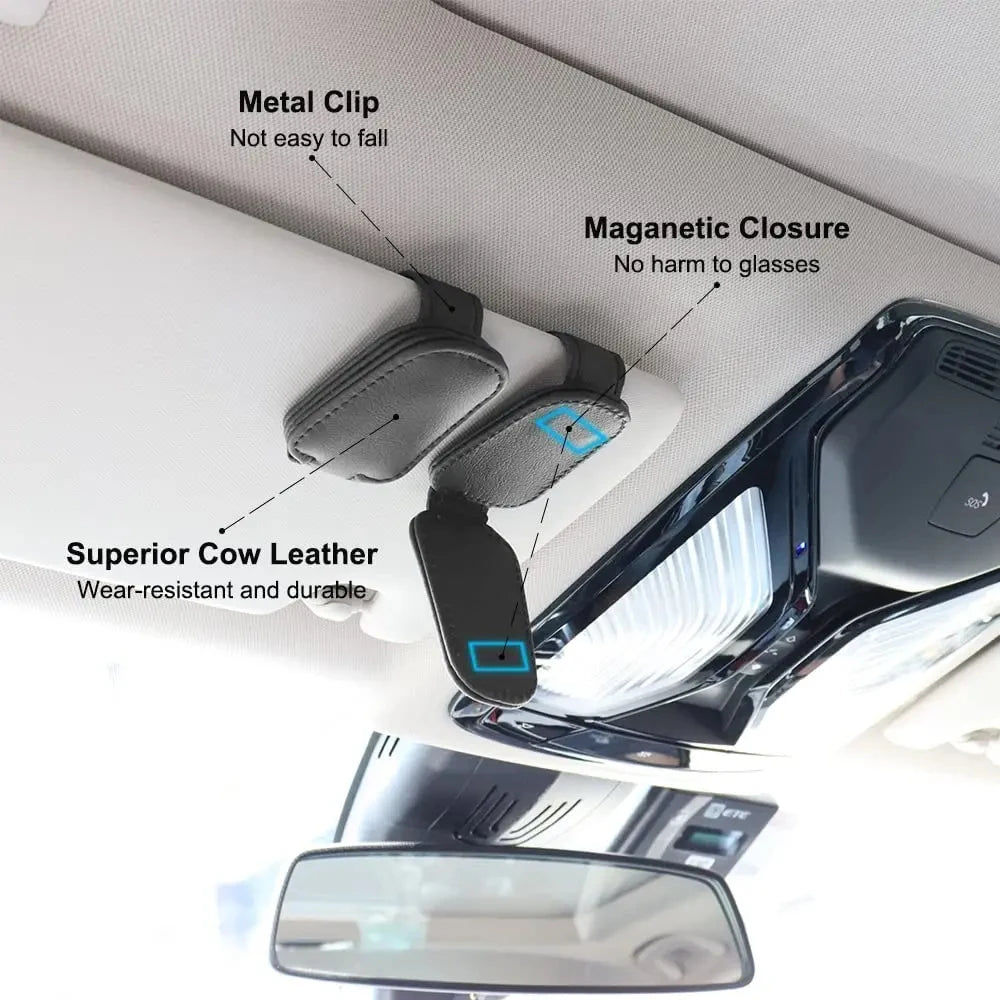 Universal Car Sunglasses Holder | Magnetic Leather Sun Visor Glasses Clip & Card Holder