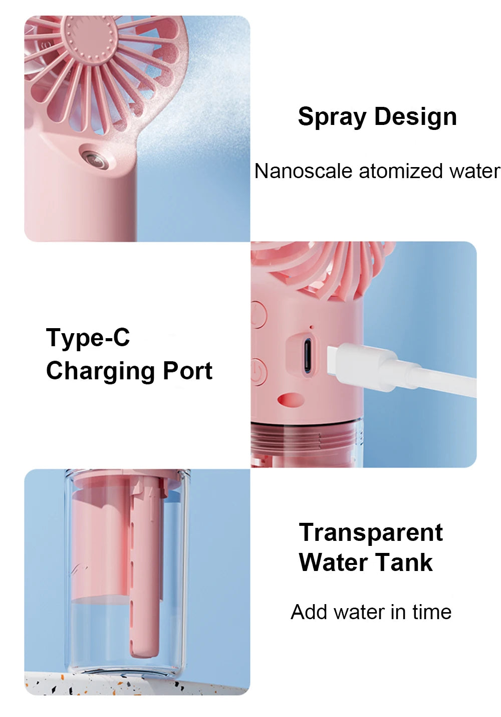 Portable Handheld Mist Fan with Humidifier — USB Rechargeable Mini Water Spray Fan