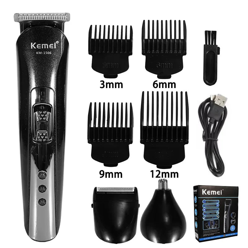 Kemei KM-1506 3-in-1 Electric Hair Clipper, Shaver & Nose Trimmer – USB Rechargeable