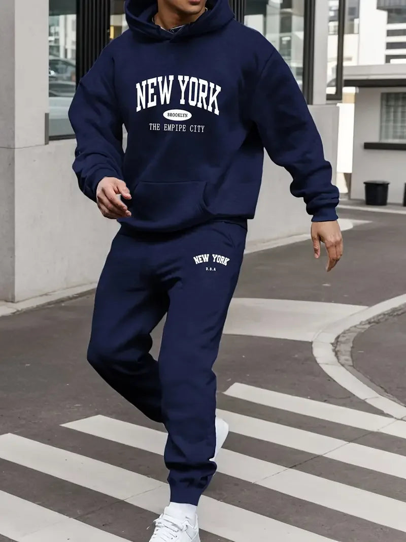 Men's Velvet Thickened New York Letter Print Hoodie & Pants Set – Casual Comfortable Spring Autumn