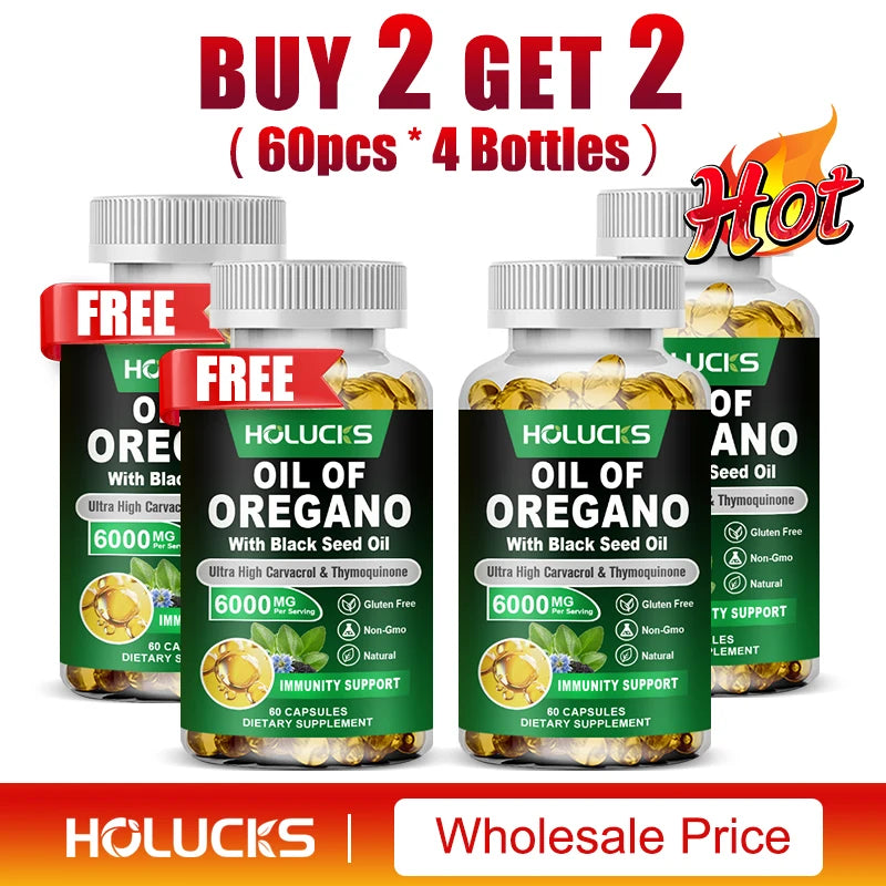Oregano Oil & Black Seed Oil Softgels – Immune, Gut Health & Antioxidant Support, 60 or 120 Capsules