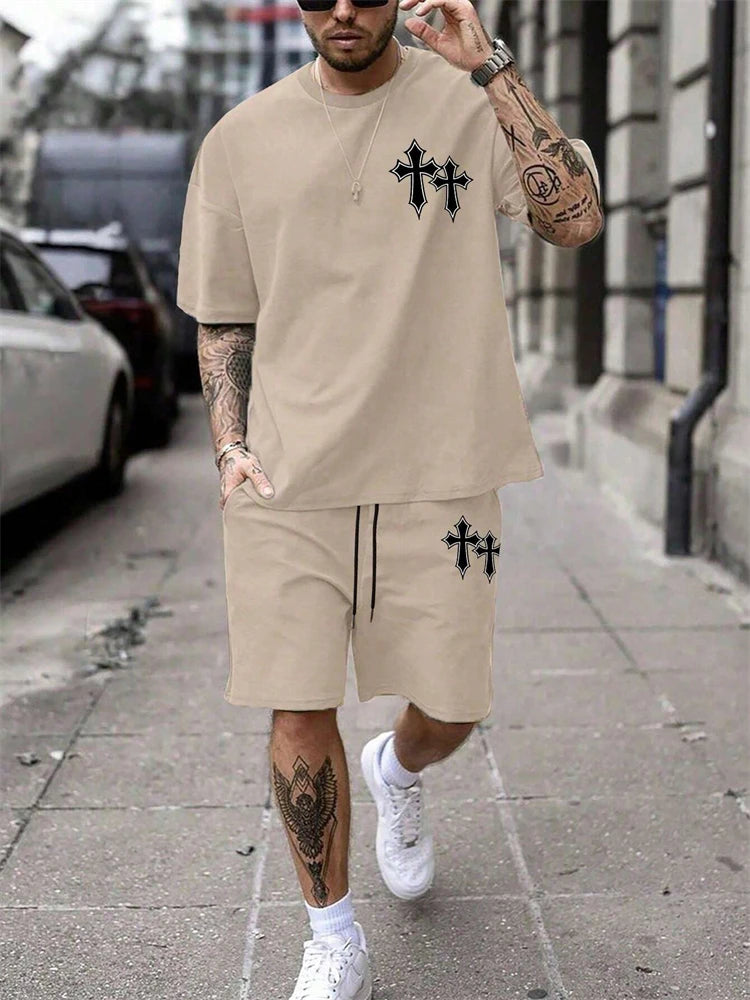 Men's Cross Print Short Sleeve T-Shirt & Shorts Set – Casual 2-Piece