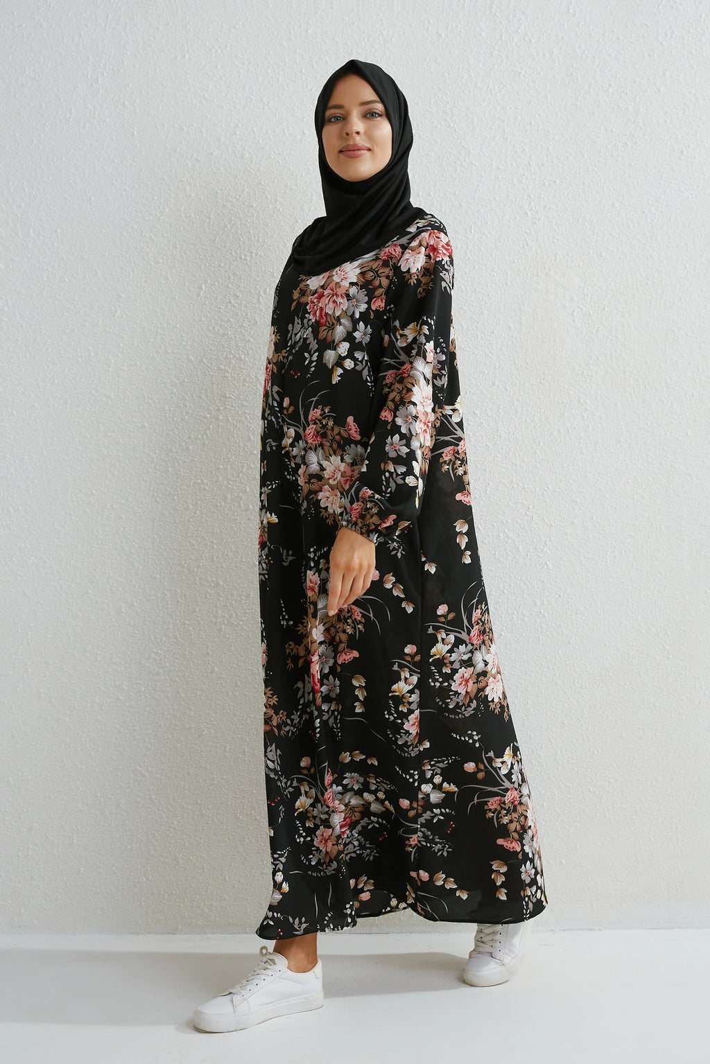 Muslim Floral Printed Full Sleeve Maxi Robe — Loose Modest Long Casual Dress