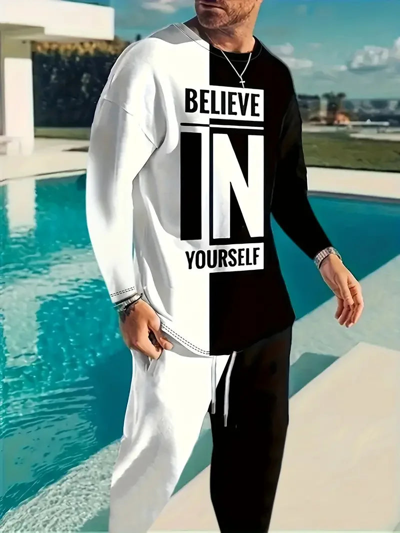 Men's 3D Print Long Sleeve T-Shirt & Jogger Pants Street Tracksuit