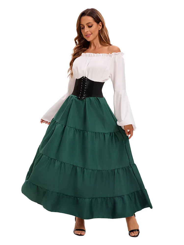 Medieval Renaissance Costume Dress — Off-Shoulder Victorian Queen Outfit with Waist Corset