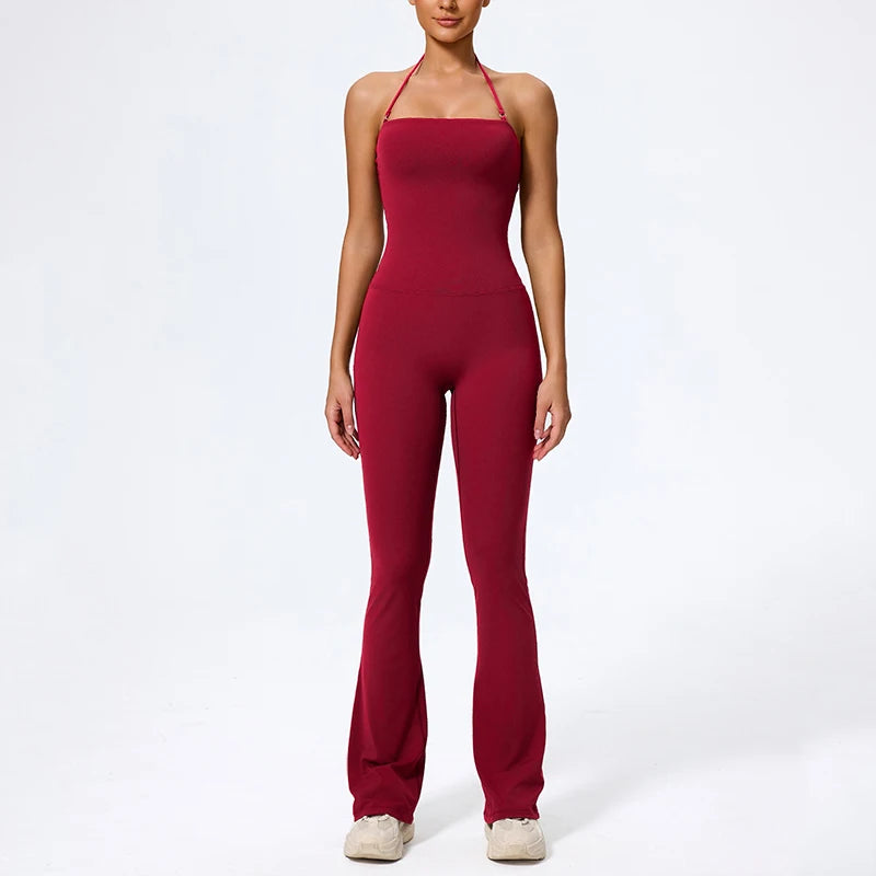 Women's Sleeveless Yoga Jumpsuit – Gym Flared Overalls Neck-Hanging Backless Sportswear