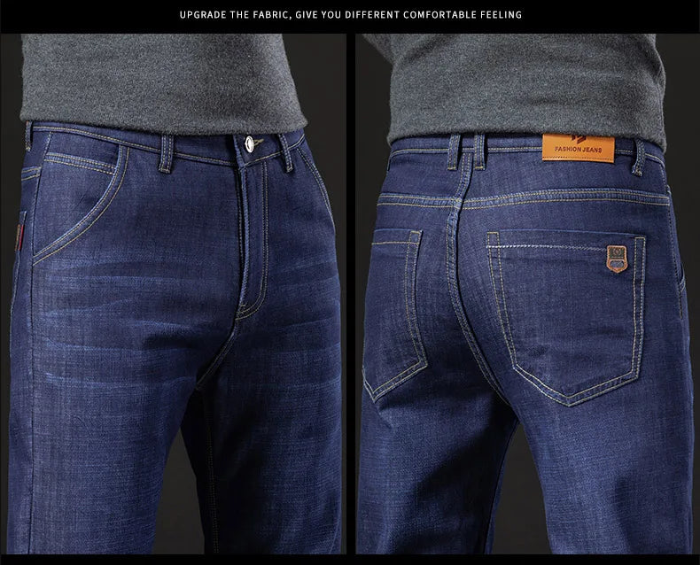 Men's Fleece-Lined Straight Denim Jeans — Warm Thick Winter Stretch Jeans