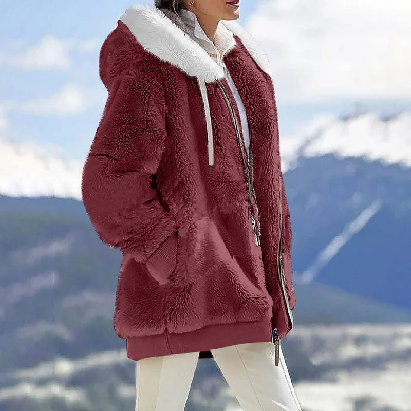 Women's Hooded Zip-Up Fleece Jacket – Loose Casual Solid Color Coat