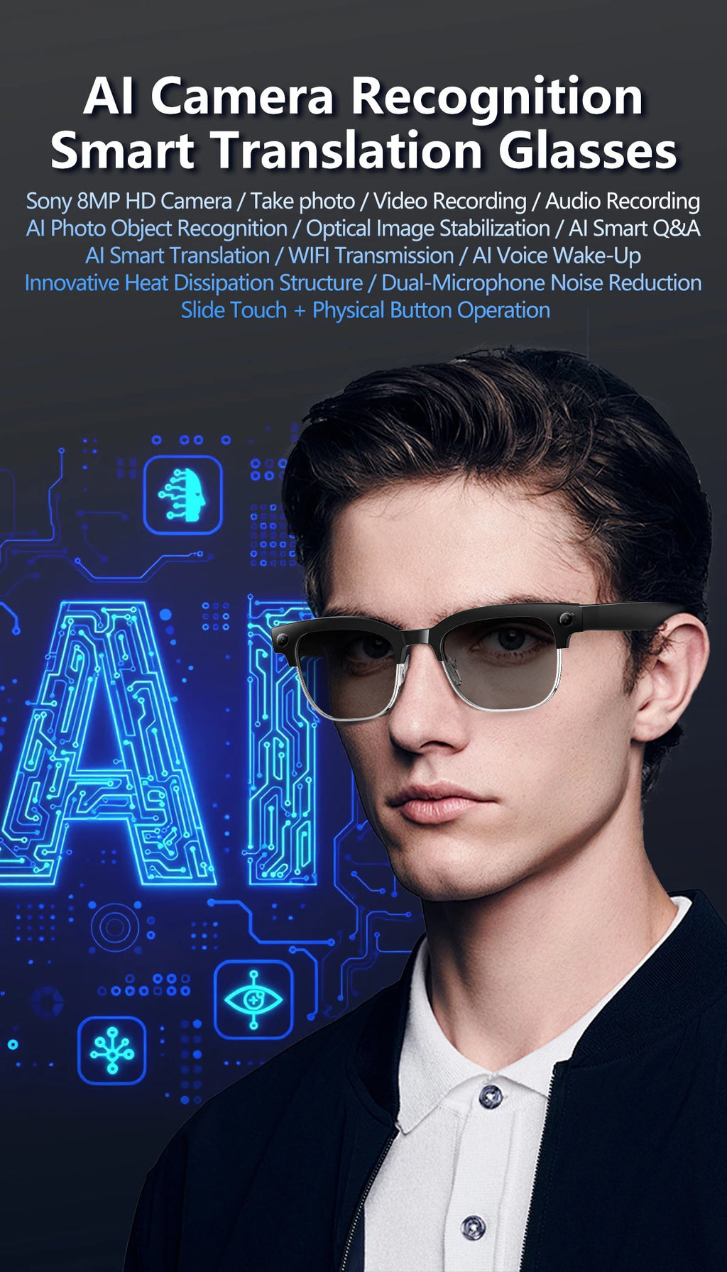 2026 800W Dual-Lens AI Smart Glasses — 4K HD, AI Translation, Bluetooth 5.3 & ChatGPT