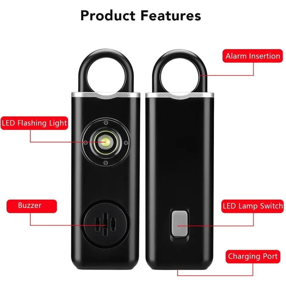 130dB Personal Safety Alarm Keychain with LED Light – Rechargeable Self Defense