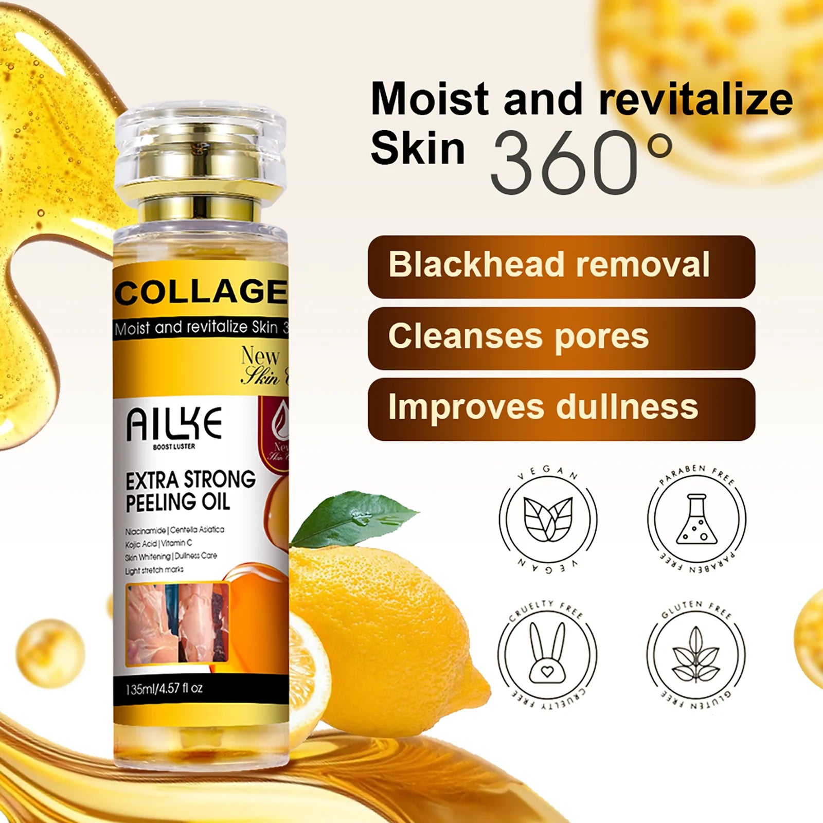 AILKE Collagen Yellow Peeling Oil — Stretch Mark Removal, Brightening & Gentle Exfoliation 135ml