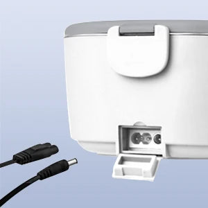 White electronic device with a power cable on a light blue background
