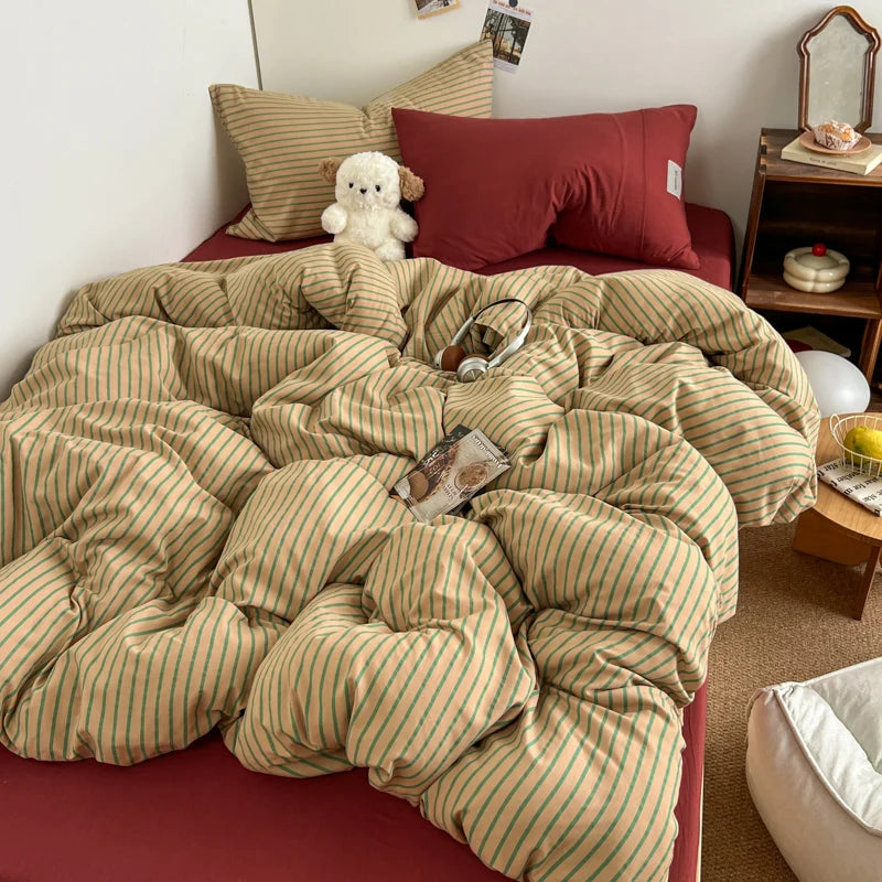 Stripe Print Washed Polyester Bedding Set – 3 or 4-Piece Duvet Cover with Sheet & Pillowcases, 6 Colors