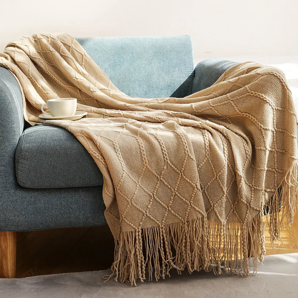 Knitted Acrylic Throw Blanket with Tassels – Chunky Farmhouse Style, 28 Colors & 2 Sizes
