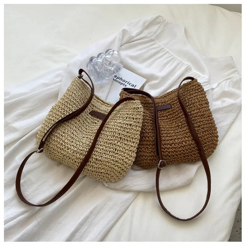 Woven Straw Crossbody Bag – Boho Beach Shoulder Bag for Women