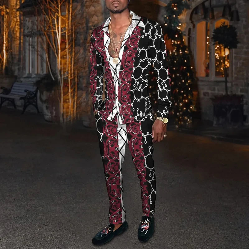 Men's 3D Retro Harajuku Print Long Sleeve Lapel Shirt & Long Pants 2-Piece Set