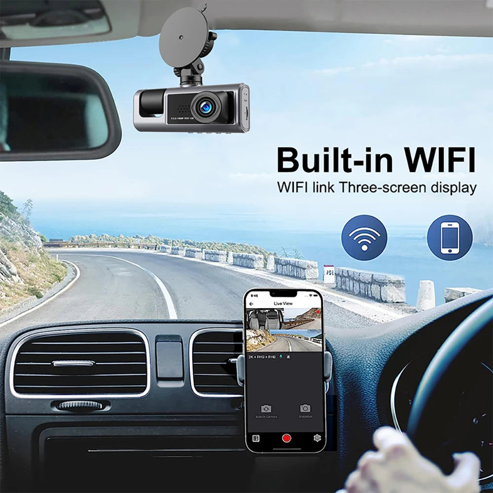 1080P 2/3-Lens WiFi Dash Cam – Front, Rear & Interior, Night Vision, G-Sensor, Loop Recording