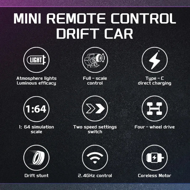 1/64 Scale Mini 4WD RC Drift Racing Car – Type-C Rechargeable Desktop Racer
