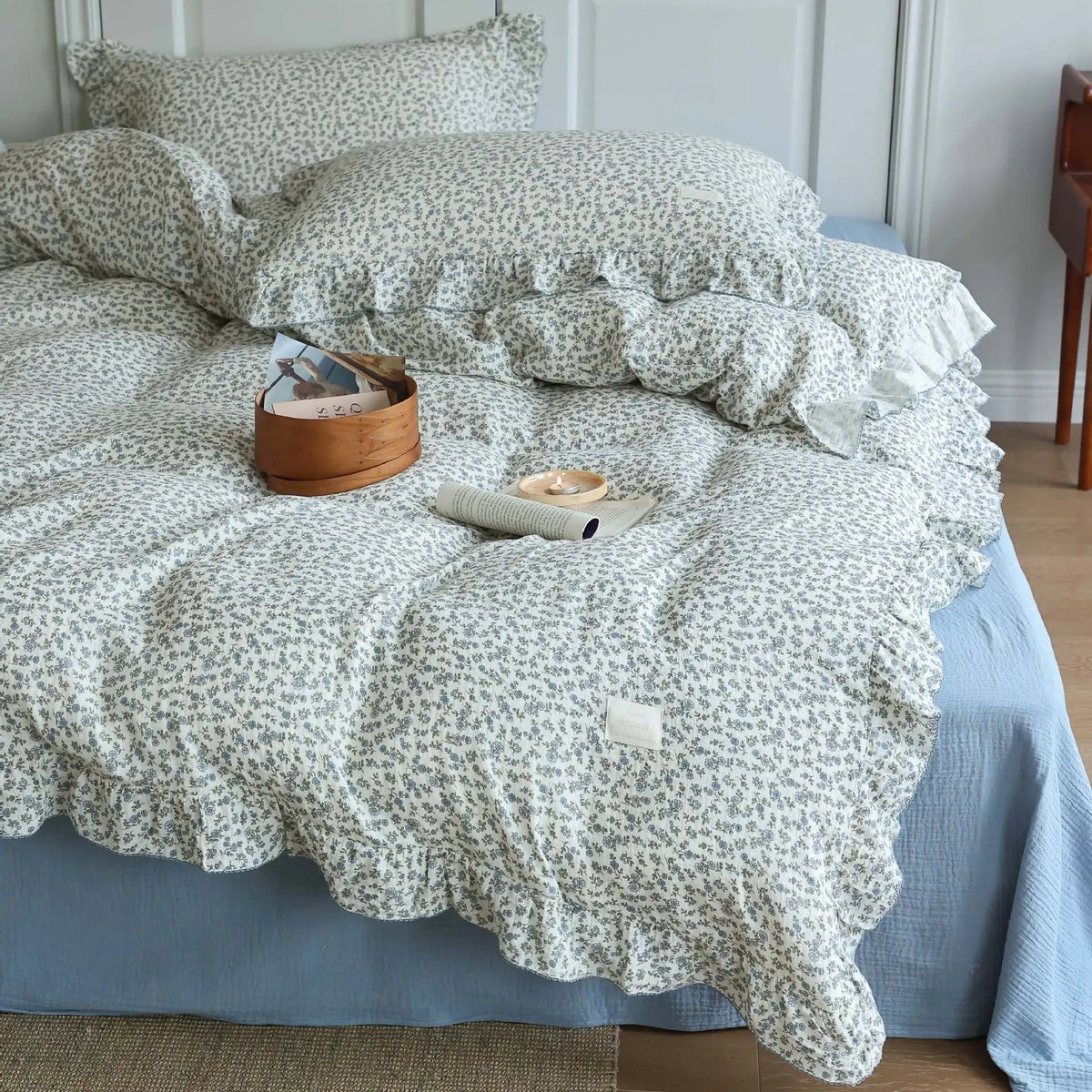 Princess Ruffle Bedding Set – 100% Cotton Gauze Duvet Cover with Pillowcases, Floral, 3-Piece