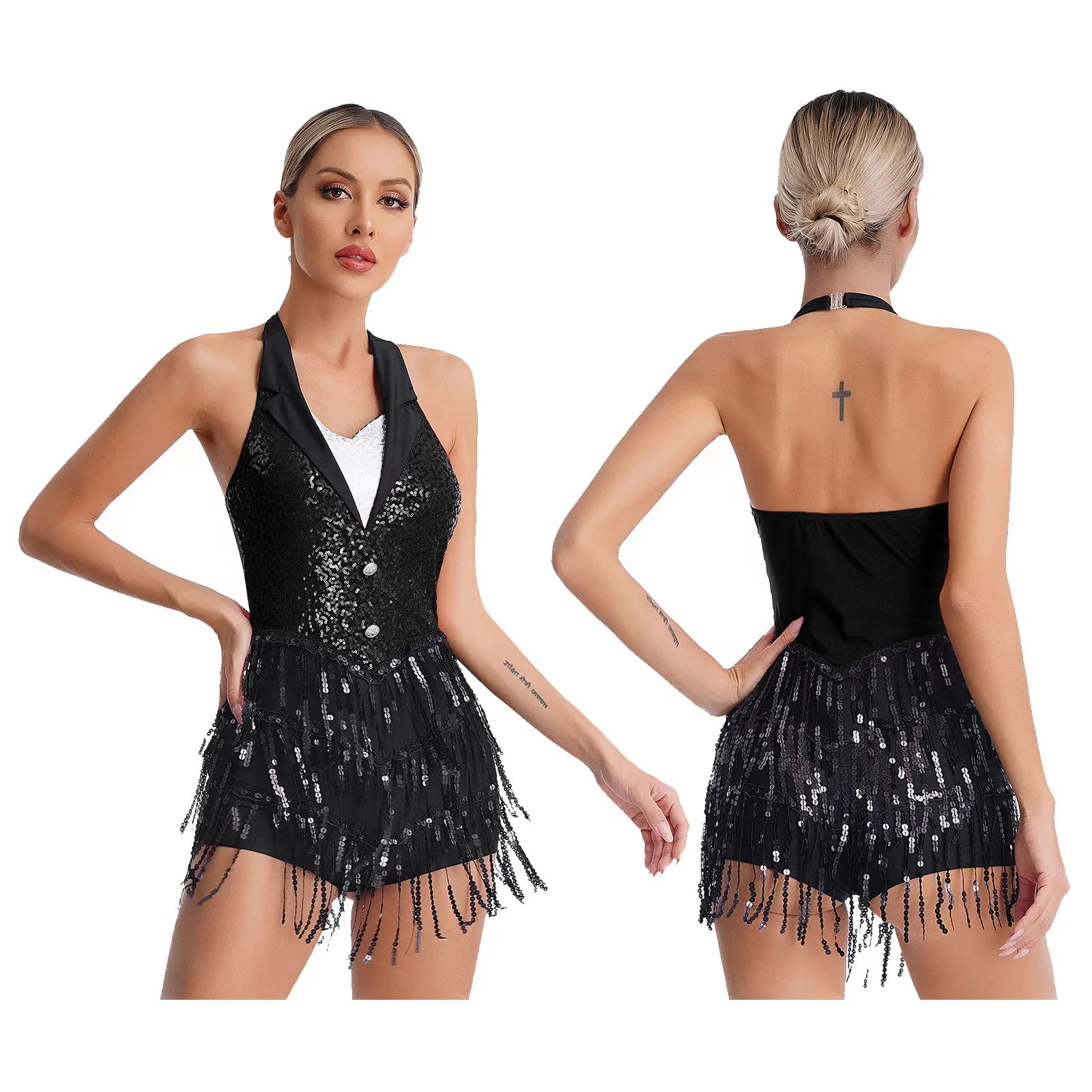 Women's Sequin Dance Dress – Shiny Sleeveless Latin Jazz Tango Salsa Leotard Bodysuit Outfit