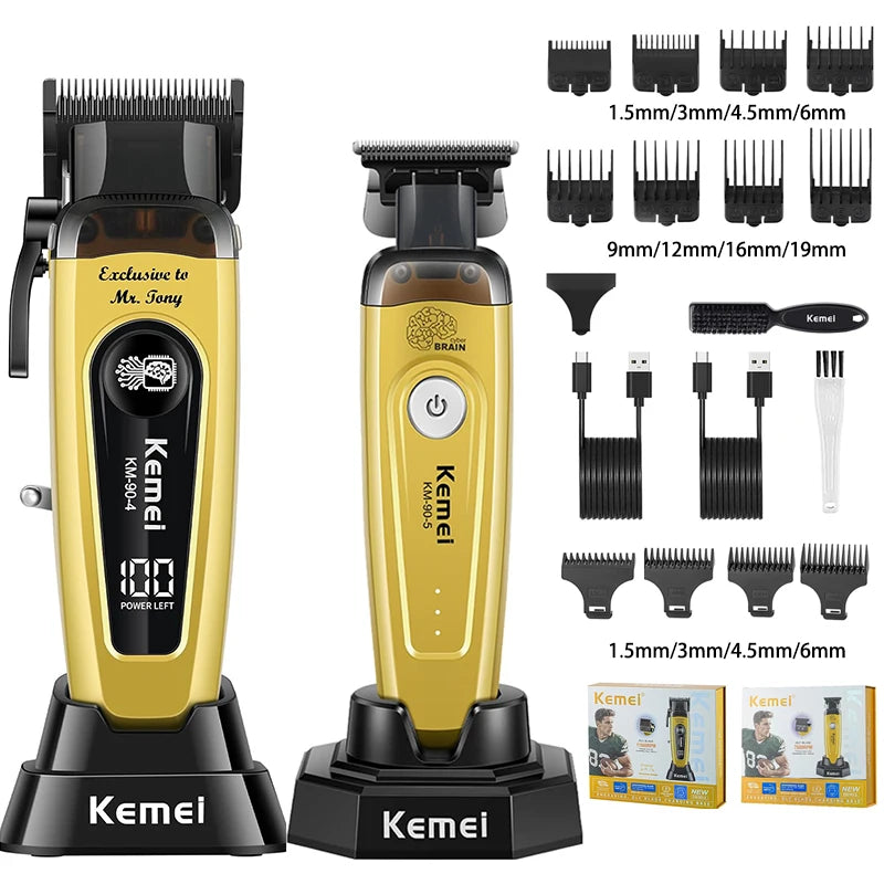 Kemei KM-90 Professional Hair Clipper Set – DLC Blade, Brushless Motor, 11,500 RPM, Cordless Barber Kit