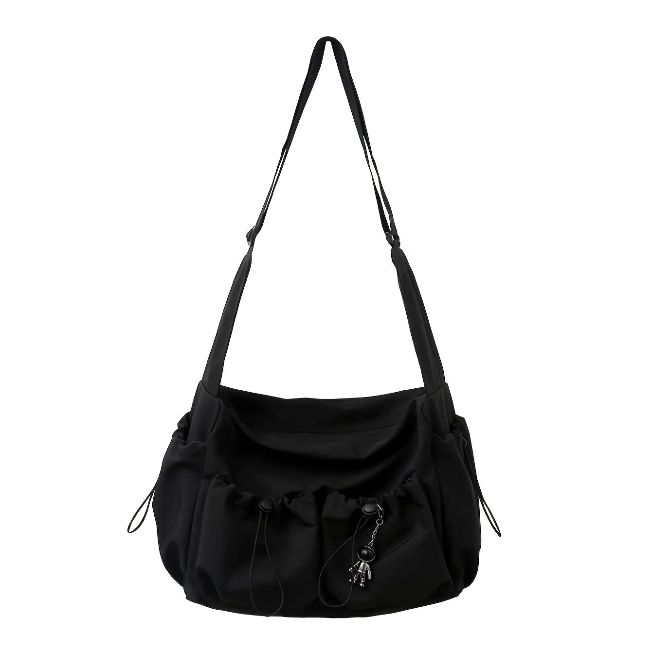 Fashionable Drawstring Crossbody Bag – Spacious Zipper Closure Shoulder Bag with Bag Charm