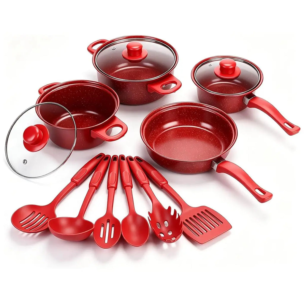 13-Piece Nonstick Cookware Set – Red Pots, Pan & Utensils
