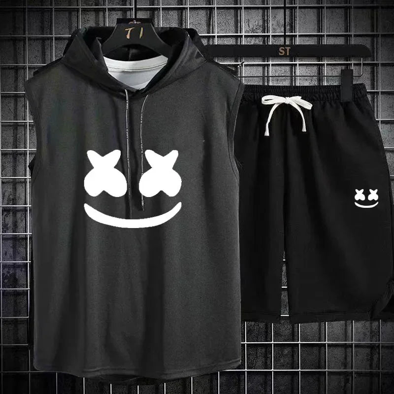 Men's Short Sleeve T-Shirt & Elastic Waist Shorts Casual Sport Set