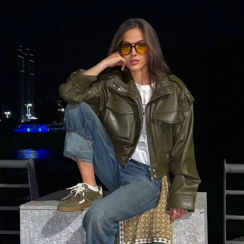 Women's Green Faux Leather Jacket – Zip-Front Streetwear