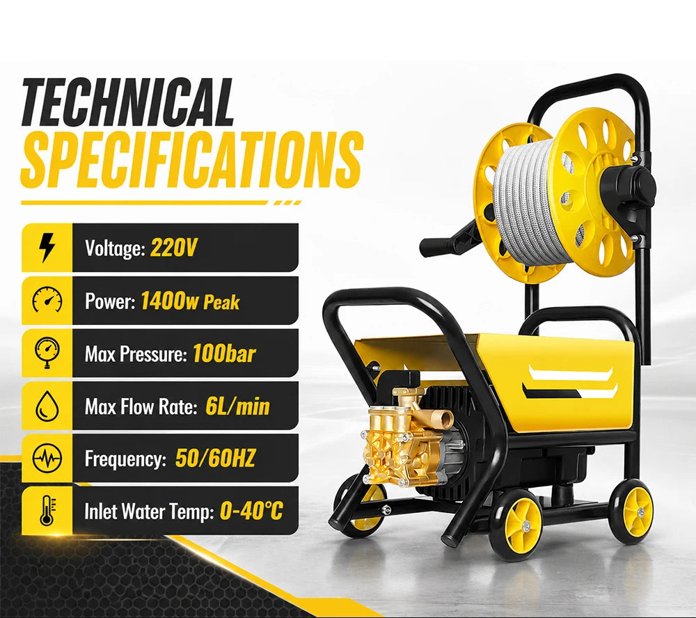 220V Household High Pressure Car Washer Portable Boost Water Gun with Roller Mobile Cleaning Machine for Car Yard Washing