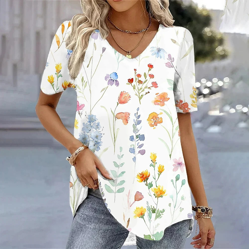 Women's 3D Flower Print V-Neck T-Shirt – Kawaii Oversized Summer Top & Blouse
