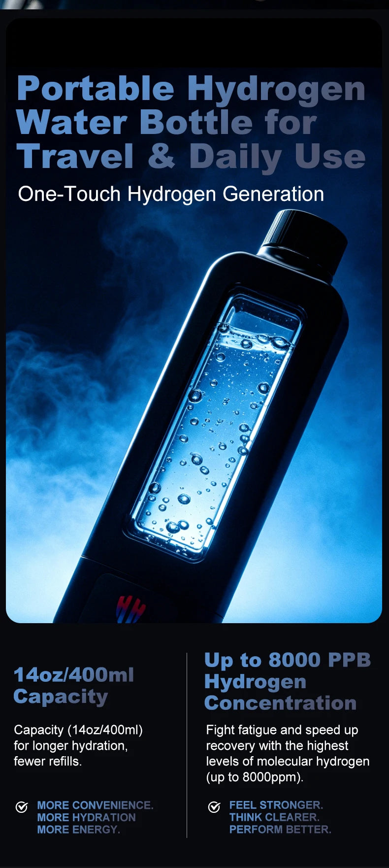 8000ppb Intelligent Hydrogen Water Bottle – SPE/PEM, One-Click UV-C Cleaning, 4500mAh